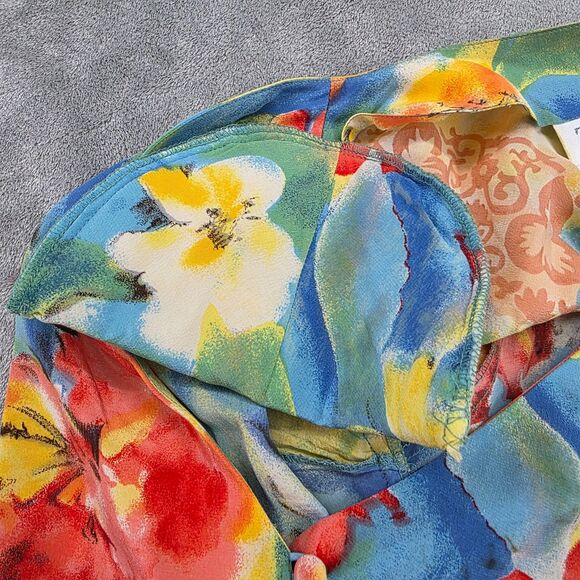 VTG Tess 100% Silk Blouse Women's  Colorful Tropical Floral Short Sleeve Size M - Picture 12 of 13